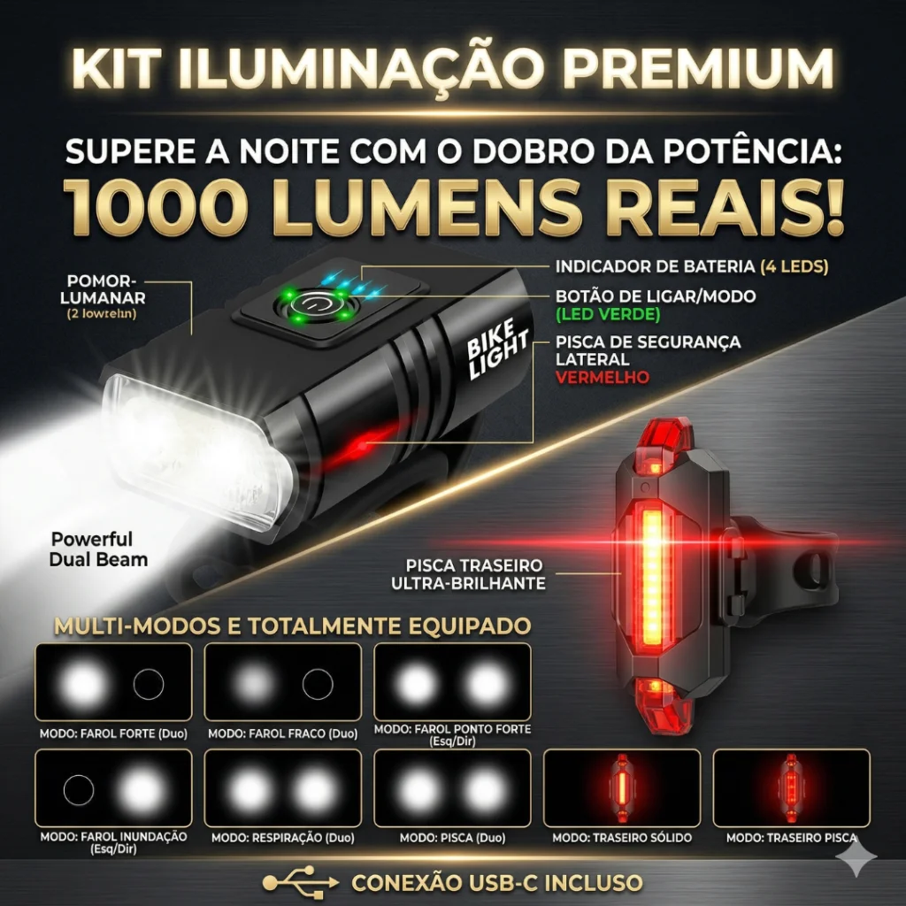KIT LANTERNA & SINALIZADOR 1000 LUMENS 
